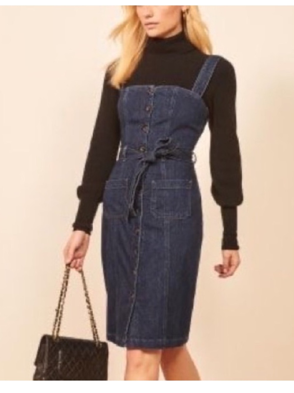 Reformation Farrah Denim Dress Blue Button Front Belted Size 6